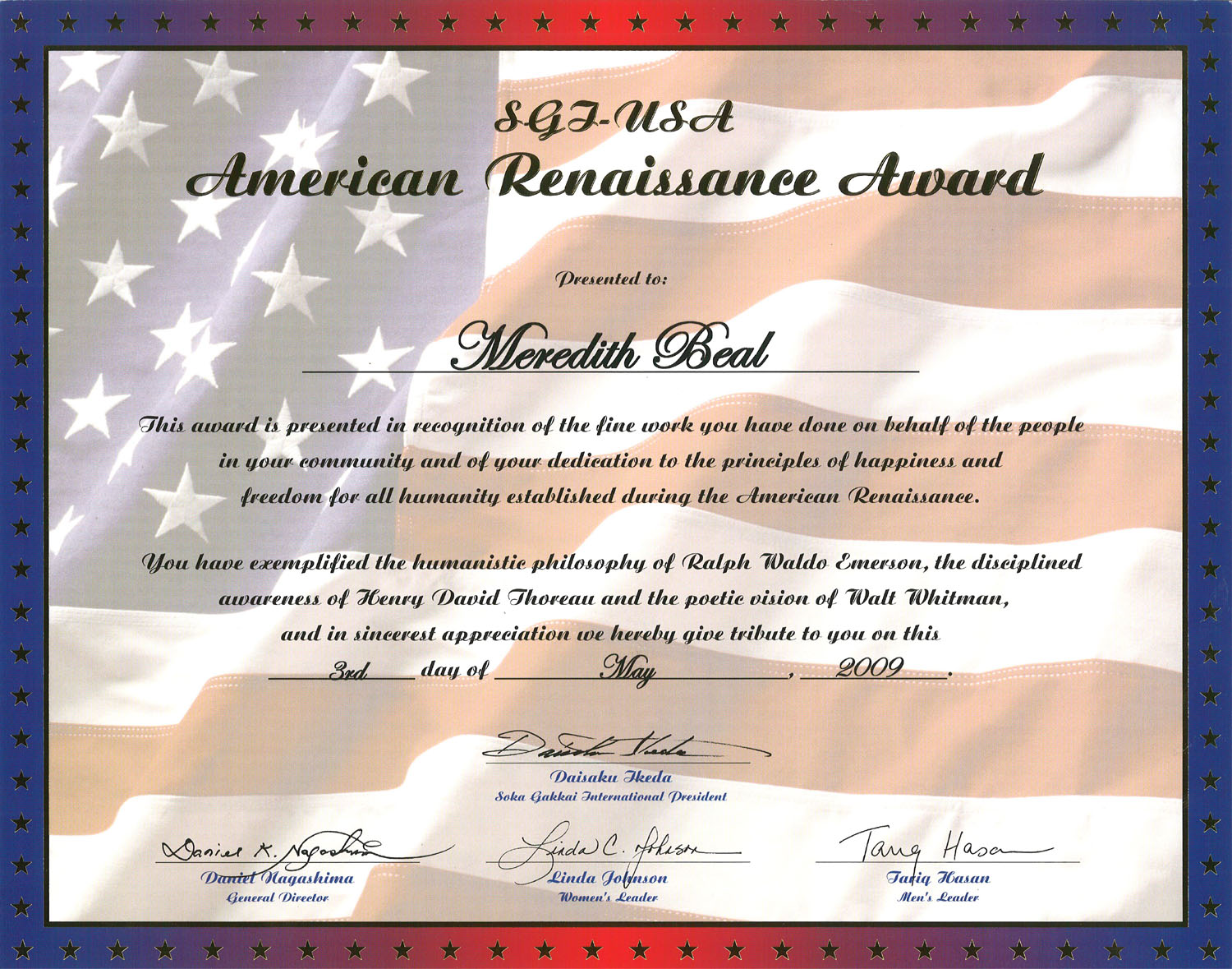 Beal receives SGI American Renaissance Award